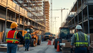 Demonstrating Austin construction at a busy site with workers and machinery in action.