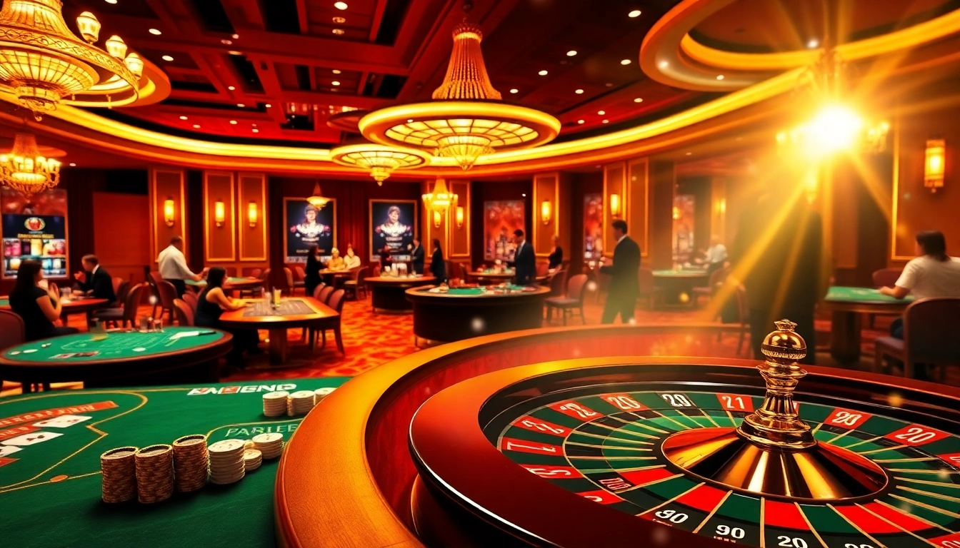 Experience the thrill of 789f.com with vibrant poker and roulette tables in a luxurious casino setting.