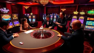 Thrilling Slot Terpercaya experience with players at a roulette table and vibrant slot machines.