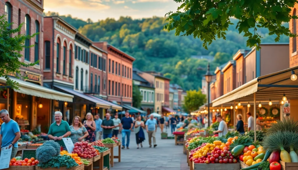 People enjoying the Clarksburg farmers' market with vibrant produce and historic buildings.