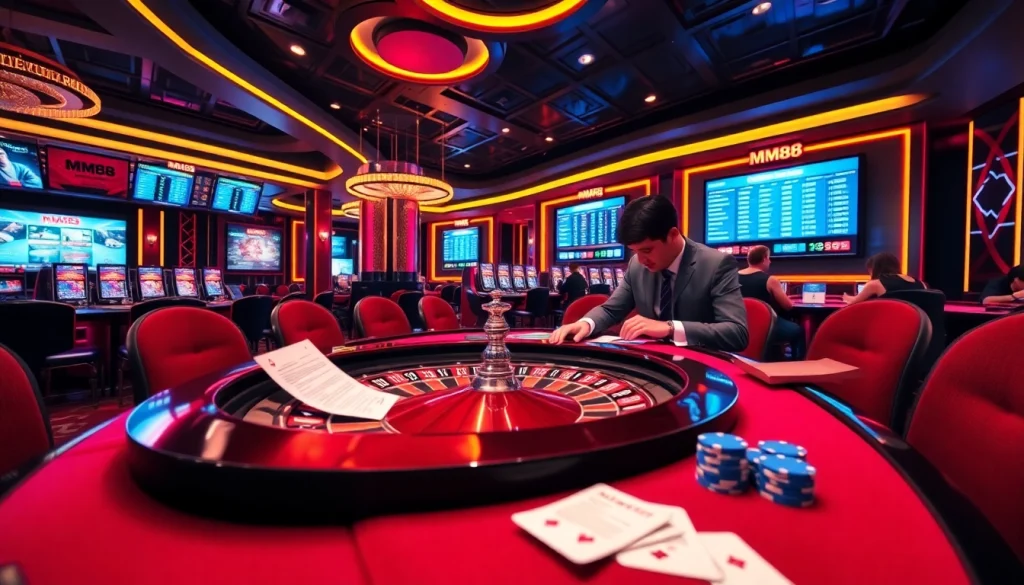 Experience thrilling betting action at MM88 with vibrant casino tables and exciting game elements.