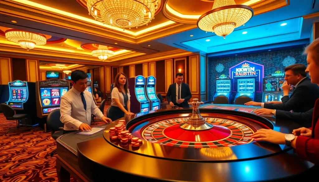 Experience the excitement of KKWIN vin at a high-stakes casino table with players and roulette.
