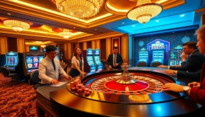 Experience the excitement of KKWIN vin at a high-stakes casino table with players and roulette.