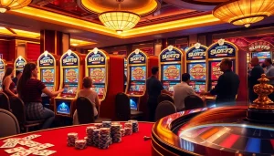 Engaging players at Slot777 machines in a luxury casino setting, capturing the thrill of success.