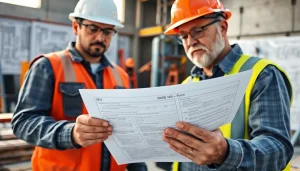 Contractor analyzing das 140 forms at a construction site with project plans.