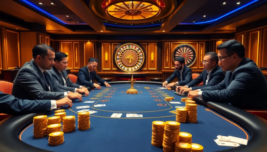 Players enjoying a thrilling game at Nhà cái XX88's poker table with vibrant casino elements.