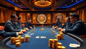 Players enjoying a thrilling game at Nhà cái XX88's poker table with vibrant casino elements.