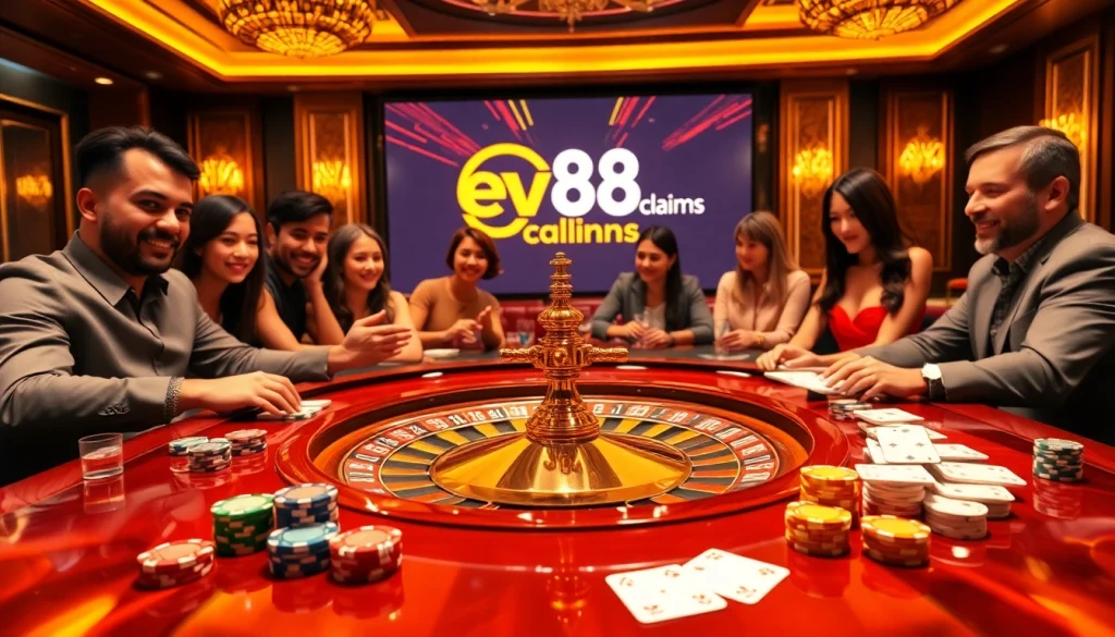 Exciting online gambling experience at ev88.claims with poker chips and roulette wheel.