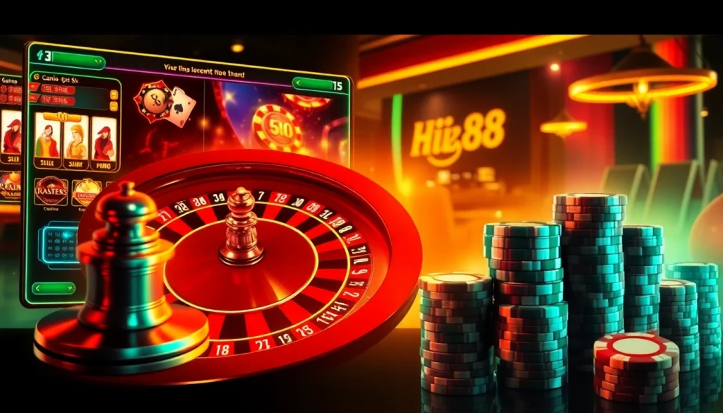 Experience the thrill of betting at Hi88 with vibrant casino visuals showcasing games and rewards.