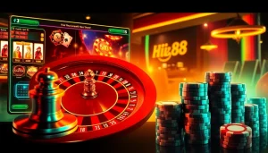 Experience the thrill of betting at Hi88 with vibrant casino visuals showcasing games and rewards.
