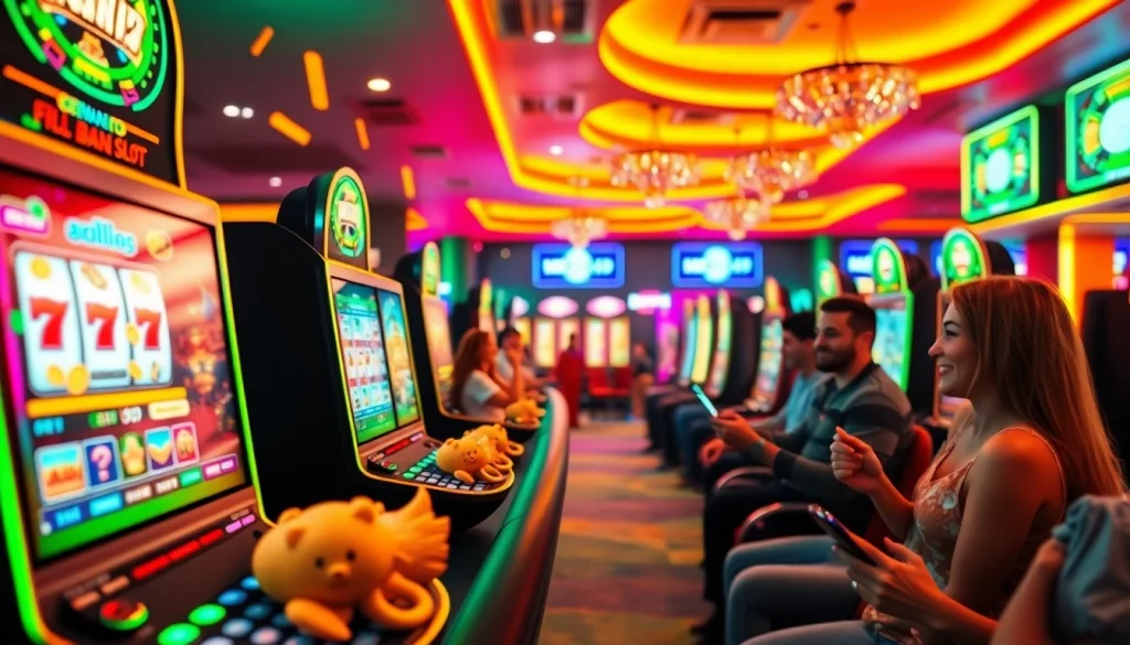 Exciting Kode4d online slot gaming scene with vibrant machines and happy players.