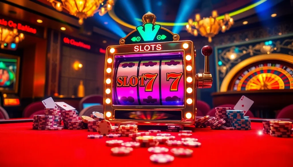 Exciting gameplay at Slot777 with vibrant slot machines and casino elements for gamblers.