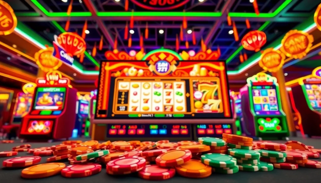 Menggambarkan platform Istana777 Situs dengan latar belakang kasino yang meriah dan penuh warna.