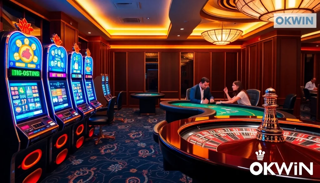 An engaging casino scene showcasing players enjoying games at OKWIN, filled with excitement and professionalism.
