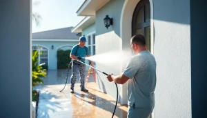 Soft wash cleaning technician revitalizing a home's exterior in Kissimmee, Florida.