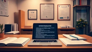 Espace de travail professionnel d'un traducteur assermenté à Strasbourg avec des supports de traduction.