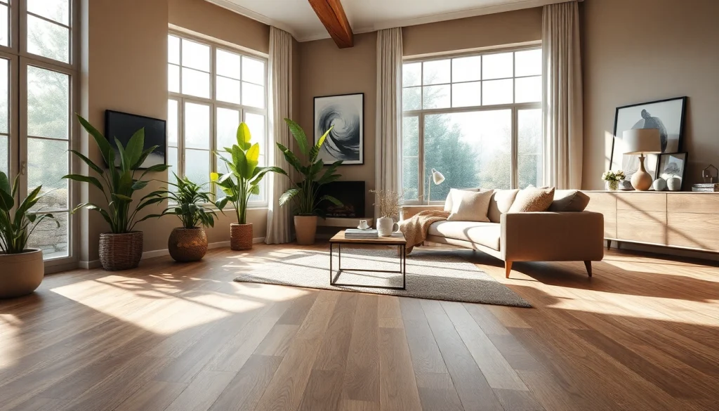 Salon chic présentant un carrelage imitation parquet, éclairage naturel et décor moderne.