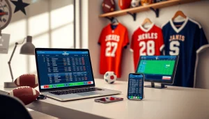 Engage in Texas sports betting with modern devices showcasing betting odds and surrounded by memorabilia.