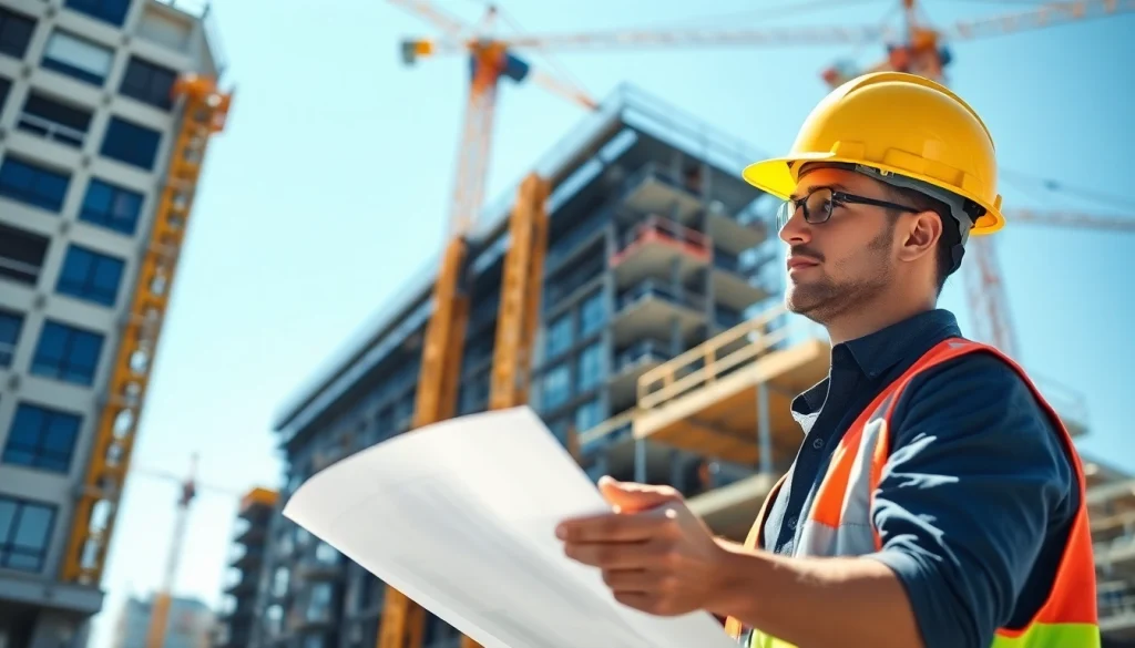 A skilled Manhattan General Contractor overseeing a construction project at a vibrant site with cranes.