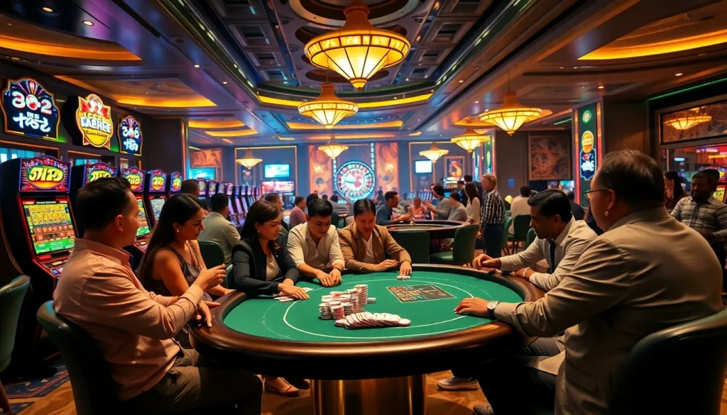 No hu gamblers enjoy a thrilling moment at a luxurious poker table in a vibrant casino setting.
