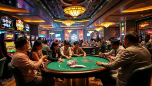 No hu gamblers enjoy a thrilling moment at a luxurious poker table in a vibrant casino setting.