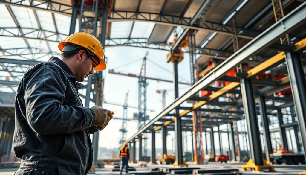 Showcasing structural steel construction with workers collaborating on a robust construction site.