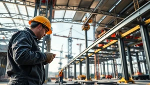 Showcasing structural steel construction with workers collaborating on a robust construction site.