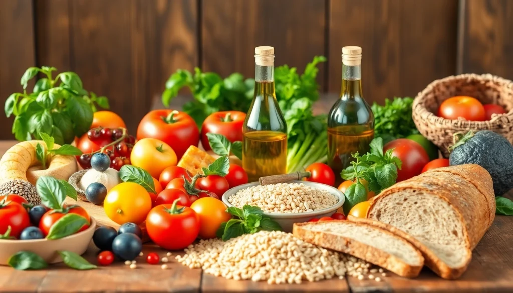 Enjoy a colorful spread of Mediterranean diet foods rich in fruits, vegetables, and whole grains.