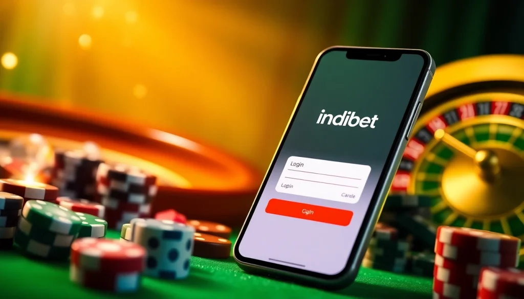 Engaging scene featuring the Indibet app login on a smartphone amidst casino elements for immersive mobile betting.