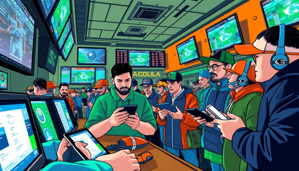 Engaged fans participating in South Carolina sports betting at a lively sports bar.