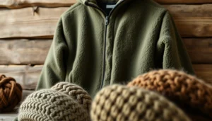 Fleece jacket styled with knitted accessories in a warm, rustic environment.