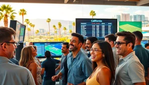 Engaged enthusiasts in California sports betting at a sunny venue, showcasing excitement and interaction.
