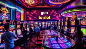 Players engaging with vibrant agen toto slot machines in a luxurious casino atmosphere.
