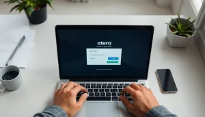 Atera login interface being accessed on a laptop with a clean workspace.
