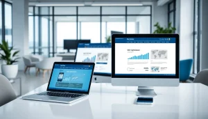 Dynamic website interface showcasing dịch vụ thiết kế website on multiple devices in a modern office.