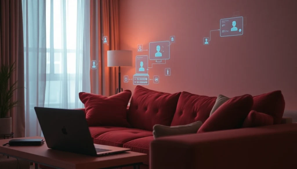 Engaging AI sex chatbot interface in a modern, intimate setting with ambient lighting.