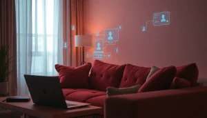 Engaging AI sex chatbot interface in a modern, intimate setting with ambient lighting.