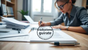 Professionally executed traduzione giurata at a translator's desk highlighting legal documents.