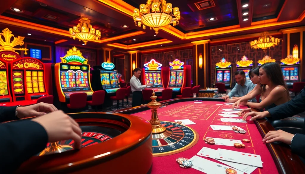 Experience the excitement of BK8 เว็บตรง at a luxurious gaming table surrounded by eager players and dazzling slot machines.