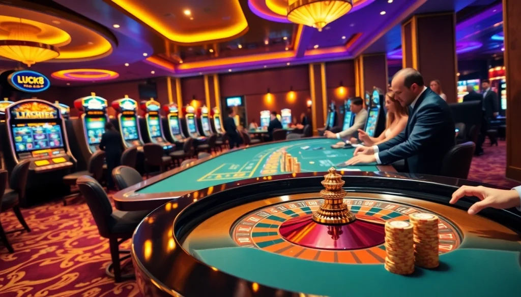 Cảnh casino LUCK8 với người chơi tham gia tại bàn roulette và những máy đánh bạc đầy màu sắc.