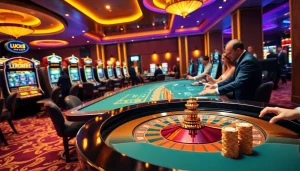 Cảnh casino LUCK8 với người chơi tham gia tại bàn roulette và những máy đánh bạc đầy màu sắc.