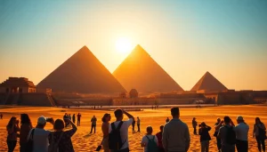Tourists admiring the iconic piraminds of Giza under a sunset sky, capturing historical grandeur.