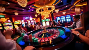 Exciting gambling at the RR88 casino featuring roulette and vibrant slot machines.