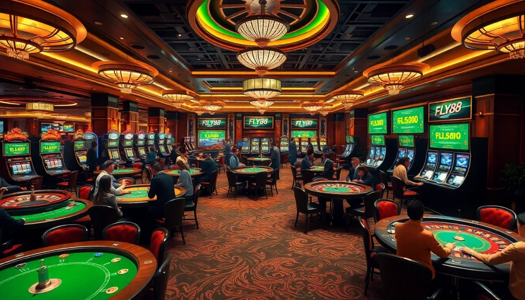 Players enjoying FLY88 đăng nhập at a vibrant casino filled with exciting gaming tables and slot machines.
