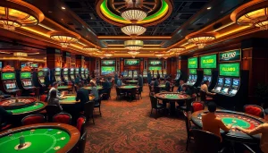 Players enjoying FLY88 đăng nhập at a vibrant casino filled with exciting gaming tables and slot machines.