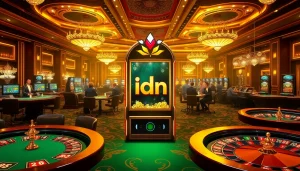 Exciting players engaging with the idn slot machine in a luxurious casino environment.