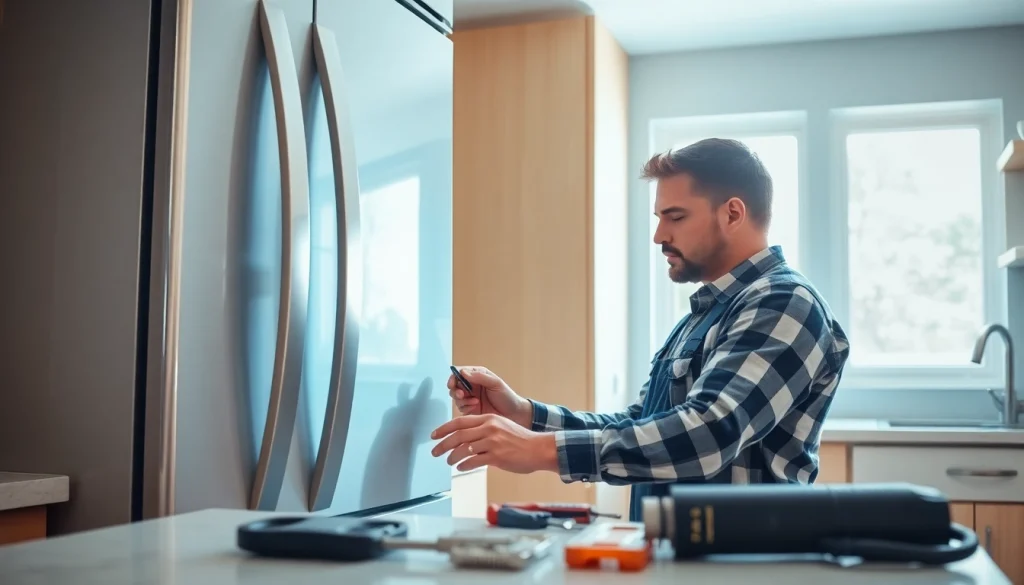 Technician performing refrigerator repair ottawa in a bright kitchen setting.