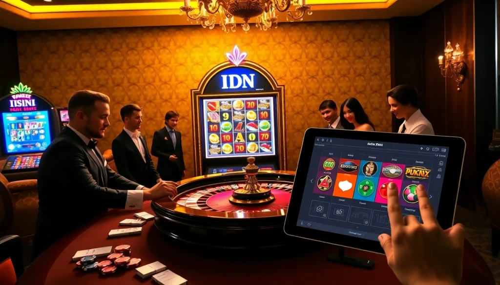 Engaged players enjoying the excitement of an idn slot machine in a luxurious casino setting.