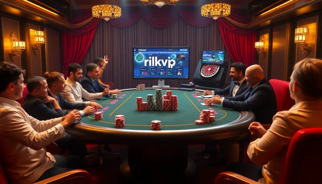 Engage in thrilling gambling action at rikvip's luxurious poker table, showcasing excitement and strategy.