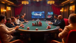 Engage in thrilling gambling action at rikvip's luxurious poker table, showcasing excitement and strategy.
